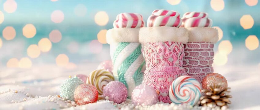 A delightful arrangement of colorful Christmas treats featuring candy canes and festive decorations. Perfect for holiday celebrations and joyful gatherings.