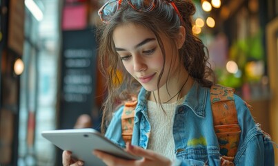 Candid young female teenager art student drawing on her digital tablet iPad, Generative AI