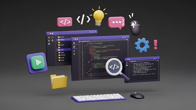 Programmer developer typing script source languages coding symbols icon development project data programming software engineering IT technologies computer. 3d rendering.