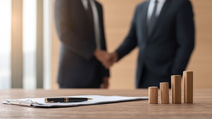 Tariff Impact on Small Business and Global Trade, Business professionals shaking hands with financial graphs and documents on the table.