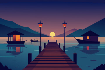 dusk over a fishing dock with nets  boats  