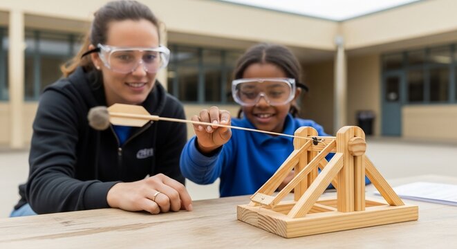 Enthusiastic student and teacher engaging in a hands-on science experiment with a catapult