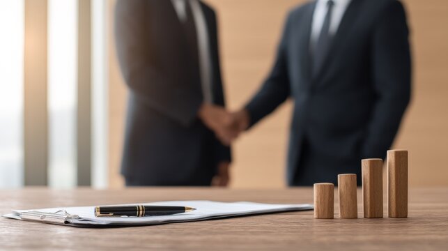 Tariff Impact on Small Business and Global Trade, Business professionals shaking hands with financial graphs and documents on the table.