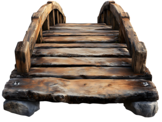 Rustic wooden footbridge with stone supports weathered texture and curved railings isolated on transparent background