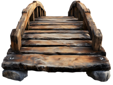 Rustic wooden footbridge with stone supports weathered texture and curved railings isolated on transparent background - Powered by Adobe