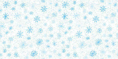 Hand drawn doodle seamless winter pattern. Blue snowflakes on white background for fabric, textile, wrapping paper, card, invitation, wallpaper, web design. New year, christmas banner