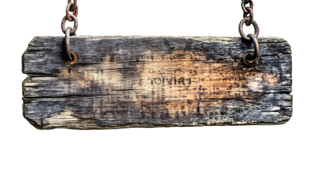 Rustic weathered wooden sign with textured surface and metal chains hanging isolated on transparent background