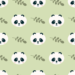 Cute Panda Faces and Leaves Vector Seamless Pattern. Perfect for textiles, wallpapers, and more, capturing a playful, charming vibe.