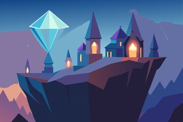 fantasy cliffside village built into glowing  