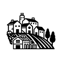 Naklejka premium Countryside village with houses and trees on hill