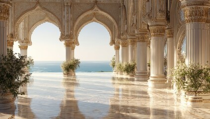 Obraz premium Sun-drenched, ornate palace courtyard overlooking ocean
