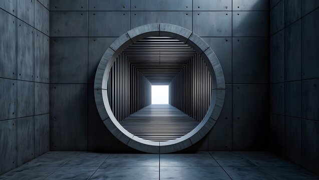 Surreal oval portal leading to a bright light at the end of a dark concrete tunnel - Powered by Adobe