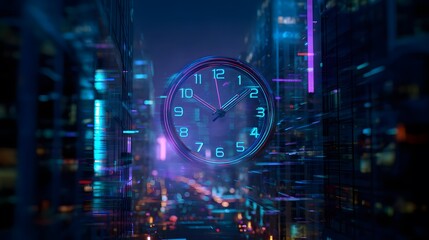 Luminous Neon Clock Suspended in a Futuristic Data Cityscape