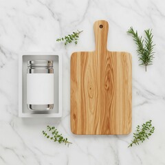 Kitchen still life with cutting board spice jar and fresh herbs
