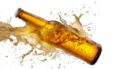 Beer Bottle Splash on Transparent Background Studio