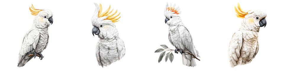 Obraz premium Elegant Cockatoo Bird, Watercolor Painting Illustration Set Isolated on White Background