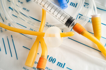 Foley urinary catheter with urine bag for disability or patient in hospital.