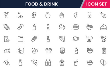 Food and drink vector line icons including utensils, plates, beverages, fruits, fast food, cooking tools, and restaurant elements.