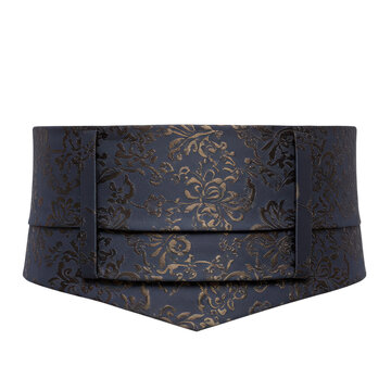 Elegant navy blue cummerbund with intricate gold floral brocade pattern