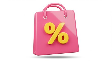 Pink shopping bag with a yellow percentage symbol for sales and discounts