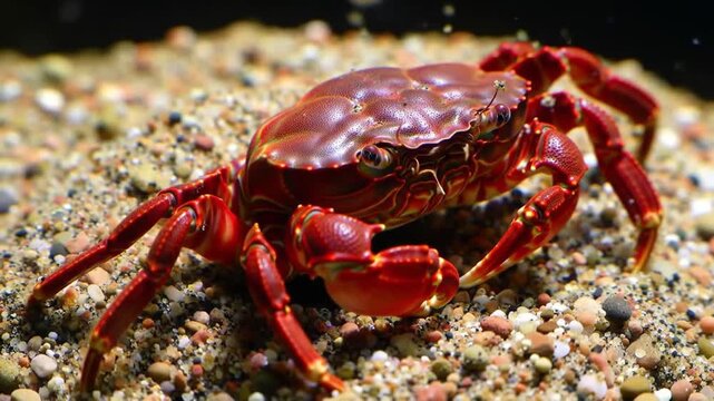 Vibrant red crab crawling on sandy ocean floor with colorful pebbles and soft lighting