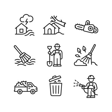 Storm cleanup vector icons set. Outline symbols. Line design