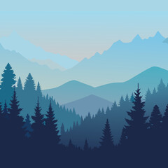 foggy forest morning with pine trees fading 