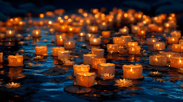 Floating paper lanterns on a river at night (Toro Nagashi).	A beautiful and serene image of hundreds of glowing paper lanterns floating down a river at night, a traditional Obon ceremony.
