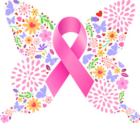 Pink ribbon with butterfly wings full of nature. Breast Cancer Awareness Ribbon. Vector illustration for health.