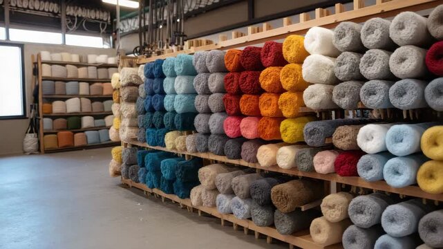 Colorful yarn roll and fabric rolls stacked wooden shelves textile workshop showcasing soft, fluffy fiber and plush materials warm, cool, vibrant, and neutral tones creating cozy inviting atmosphere