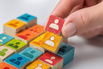 A person is carefully stacking various wooden figures on a table