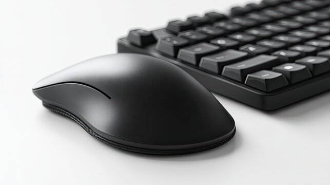 Sleek black wireless mouse and compact keyboard on a minimalist white desk.
