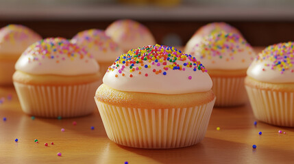 Delicious cupcakes with colorful sprinkles are perfectly arranged on a wooden surface. Perfect for celebrations and sweet treats.