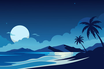 gentle ocean waves rolling onto a moonlit tropical 