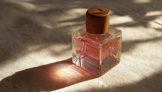 Square glass perfume bottle with light-wood cap on linen