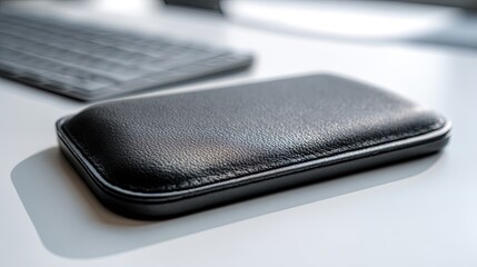 Black leather-like protective case on a white desk, modern office accessory.