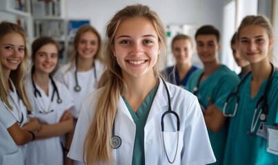 Young female nursing student with her team of medical students and doctors. Junior doctor portrait. Medical internship. Inclusive and diverse healthcare team. Healthcare concept, Generative AI