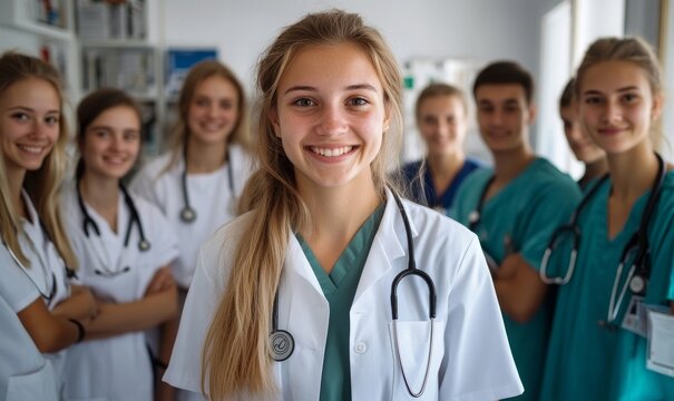 Young female nursing student with her team of medical students and doctors. Junior doctor portrait. Medical internship. Inclusive and diverse healthcare team. Healthcare concept, Generative AI