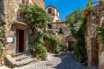 Tranquil European Village Street with Lush Greenery