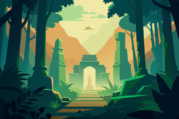 hand drawn jungle ruins with vines and ancient 