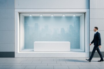 Contemporary empty storefront display with white pedestal and cityscape background under spotlights in urban building wall, business concept scene.