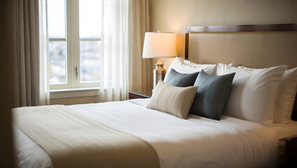 Comfortable hotel bedroom with soft lighting and plush pillows
