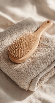 Light-colored wooden hairbrush atop a beige towel