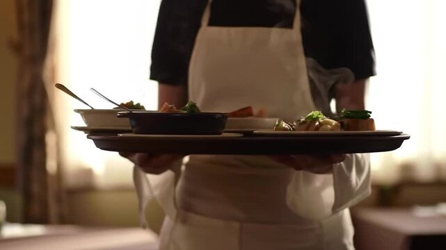 Waitstaff serving a beautifully arranged tray of gourmet dishes in a cozy restaurant setting