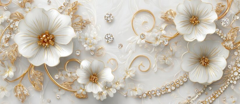 Ornate white flowers with gold accents and crystals
