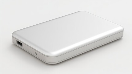 A silver external hard drive sits on a white surface, showcasing its sleek, rectangular design and USB port.