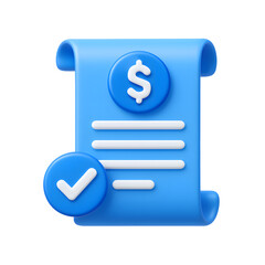 3D invoice document icon with dollar sign and approval check mark in blue, isolated on transparent background
