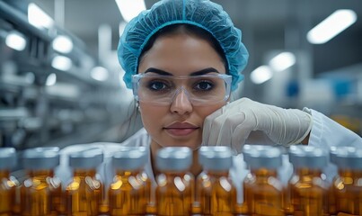Pharmacist scientist with sanitary gloves examining medical vials on a production line conveyor belt in a pharmaceutical factory. Latina female checking medicine vials, Generative AI