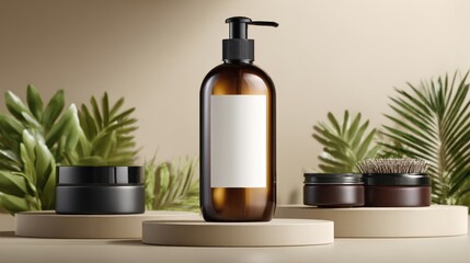 Empty cosmetic bottles and jars on beige podiums with tropical leaves.