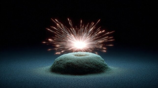 Fiery explosion erupts from granular mound on dark textured surface fire